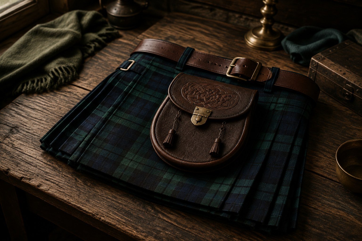Illustrative tartan, leather sporran and belt arranged on an oak table