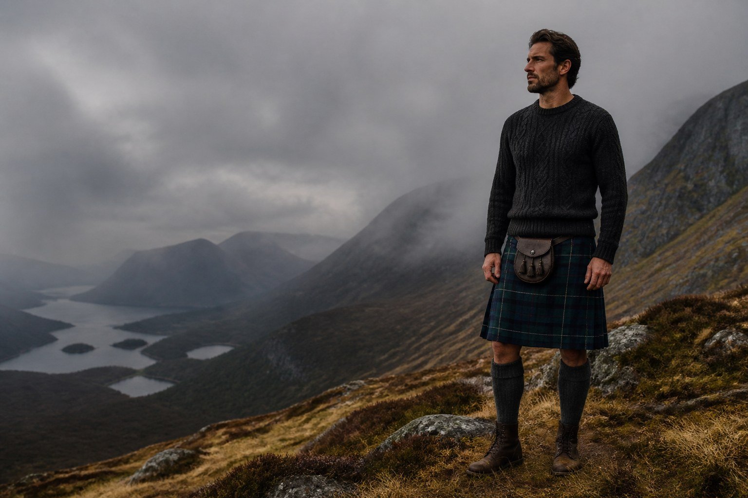 A tartan kilt styled in a misty Highland landscape